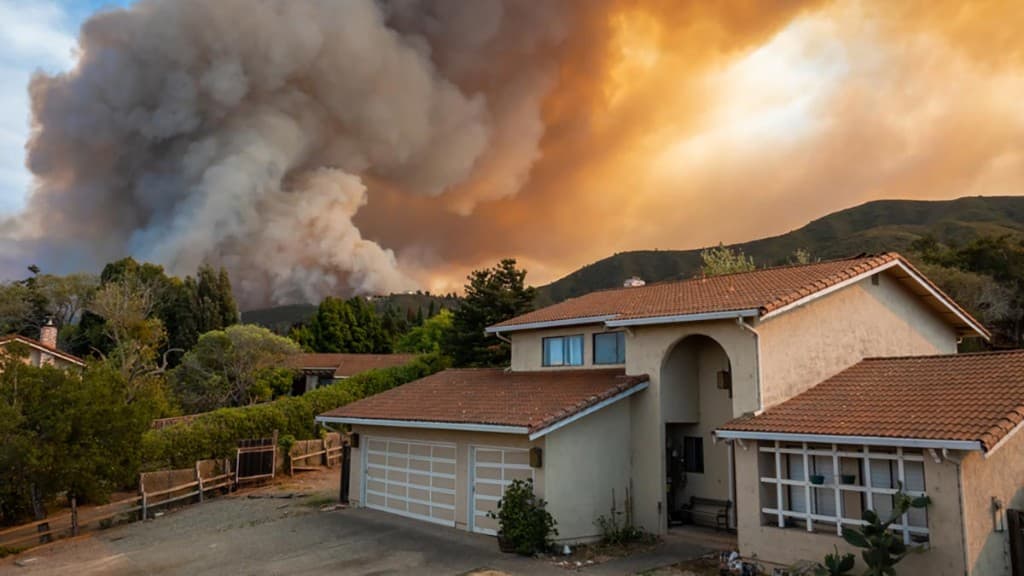 Suburban mountain home with a wildfire burning on the ridgeline behind it